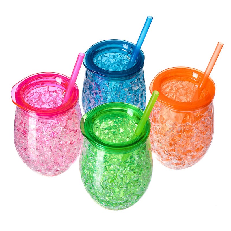 EASICOZI Cute Shape Frosty Freezer Ice Mugs with Straw Clear 11.8oz Set of 4(Red, green, blue and orange) (Oval) - Image 1
